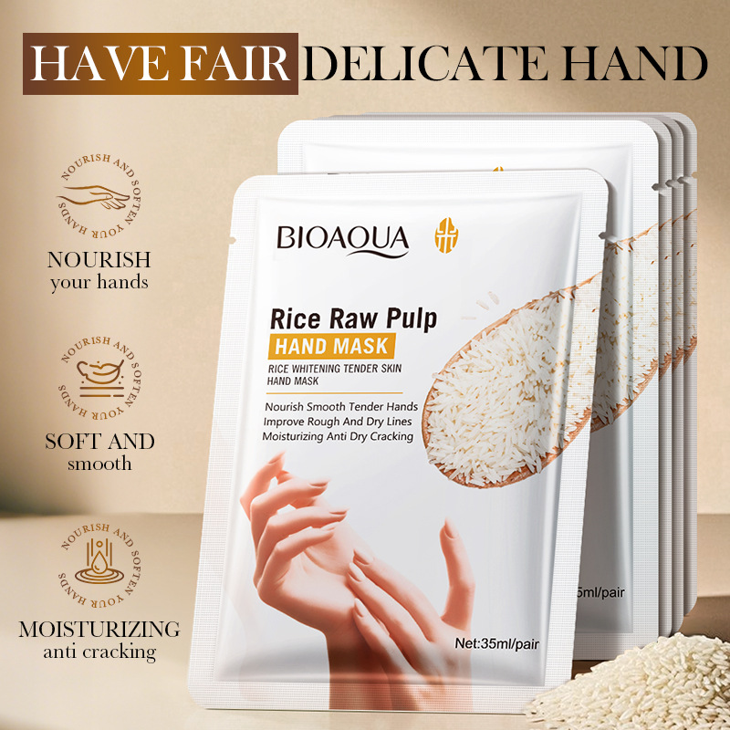 BIOAOUA Rice Puree Whitening and Moisturizing Hand Mask, Hydrating, Whitening and Exfoliating Hand Mask, cross-border export details Picture