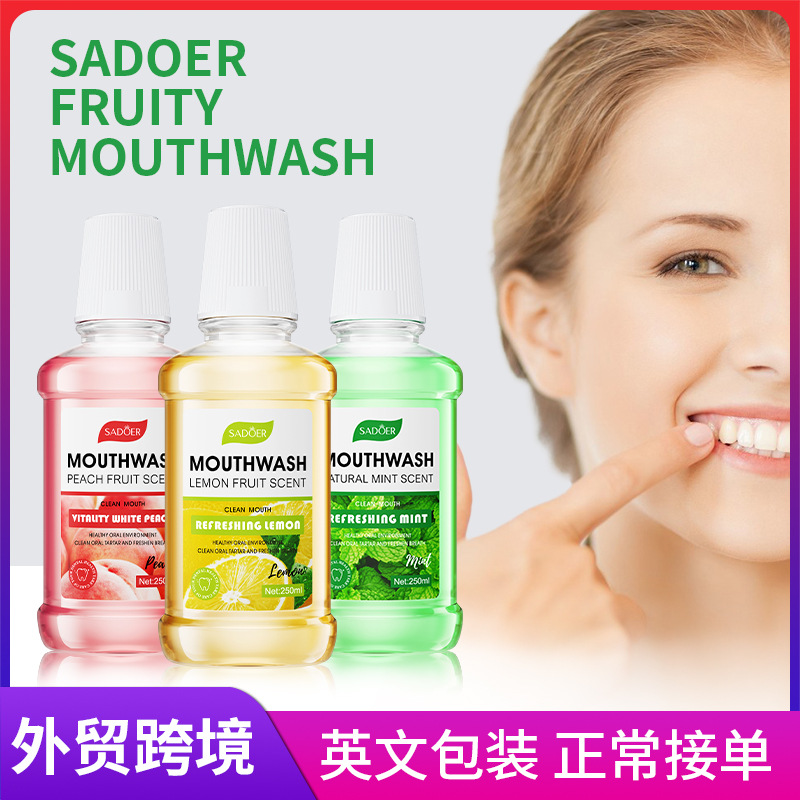 SADOER mouthwash in English, mint, freshens breath and cleans teeth. Cross-border export wholesale of oral mouthwash full figure