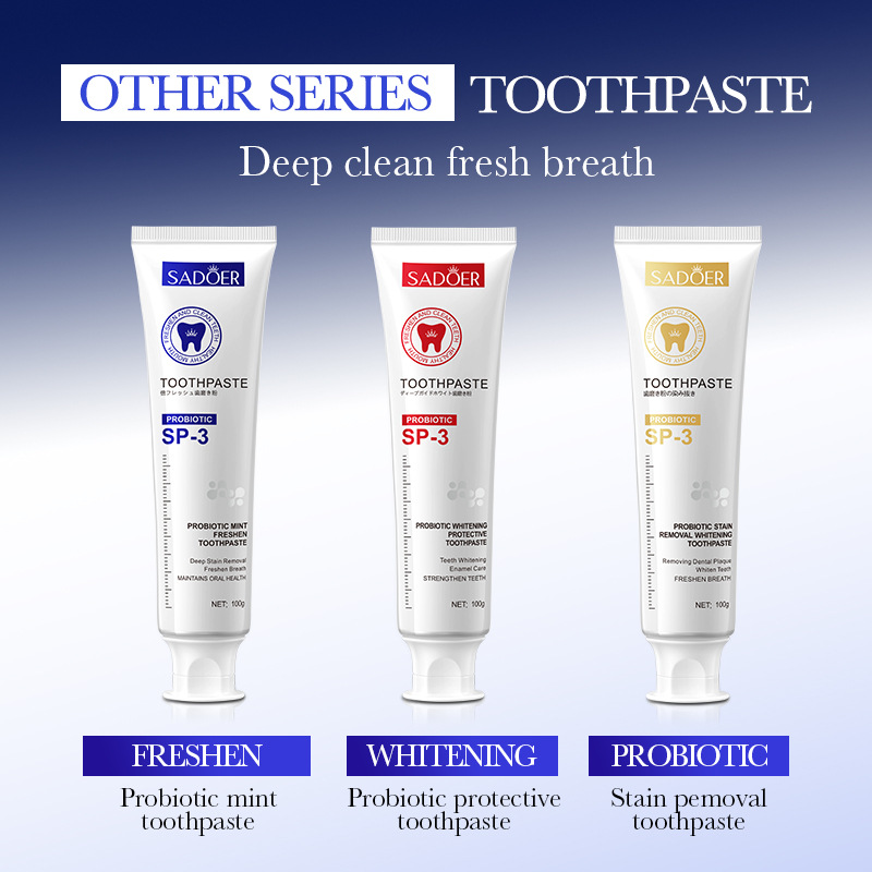 Cross-border wholesale of 100g SADOER Probiotic Mint Refreshing Toothpaste for teeth cleaning in English full figure