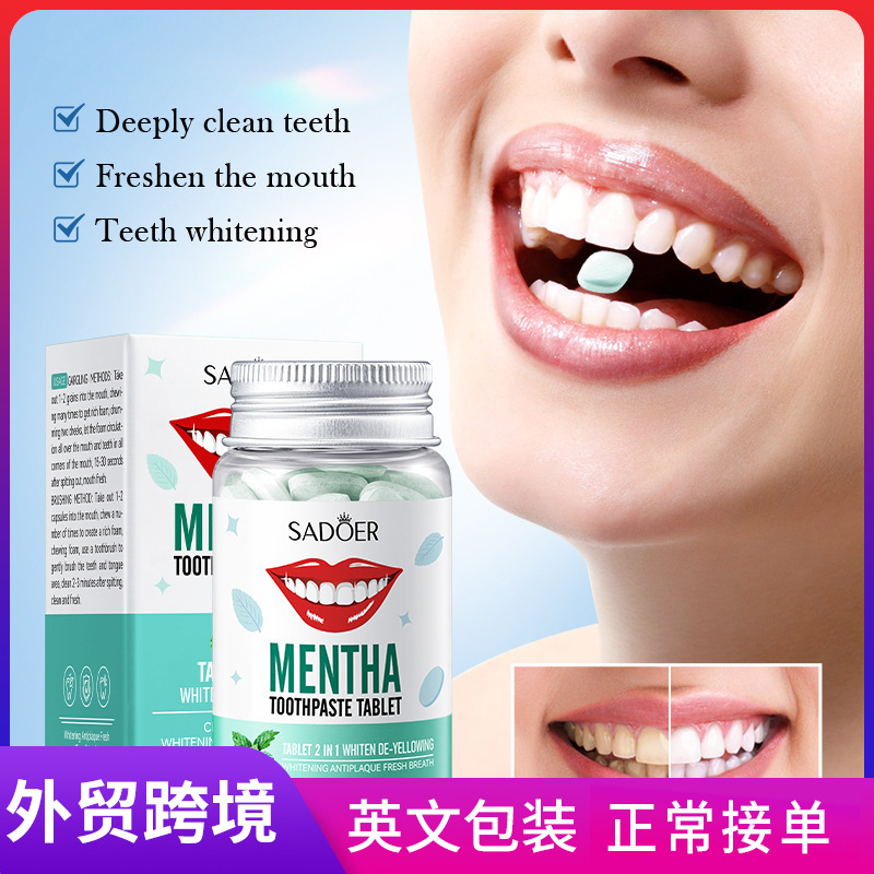 Cross-border export wholesale of SADOER Mint Whitening and yellowing Solid Toothpaste Series for teeth cleaning full figure