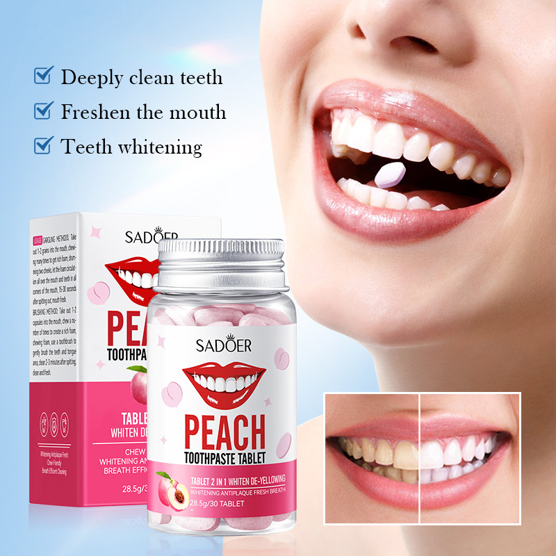 Cross-border wholesale of SADOER peach Whitening and yellowing Solid toothpaste series cleaning toothpaste in English Item Picture