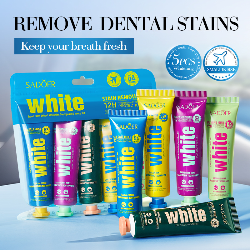 Cross-border export wholesale of 5-piece set of all-English SADOER Travel plant-based Whitening toothpaste for teeth cleaning full figure