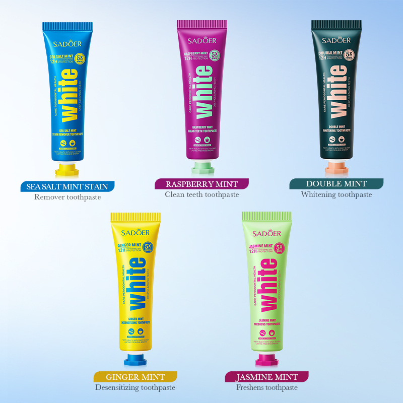 Cross-border export wholesale of 5-piece set of all-English SADOER Travel plant-based Whitening toothpaste for teeth cleaning Application Scenario