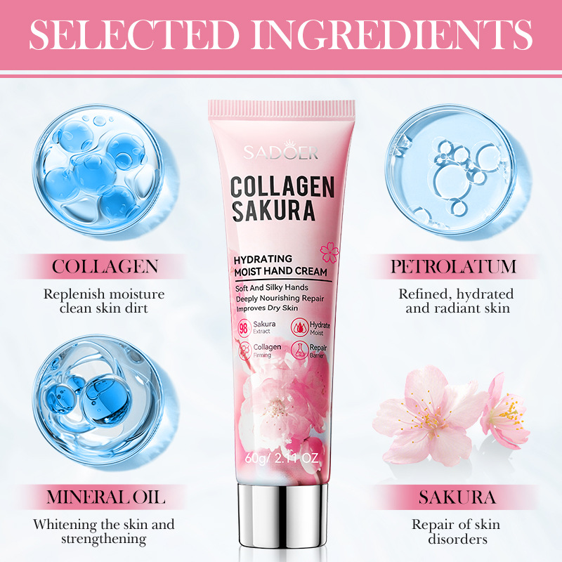 Full English SADOER Cherry Blossom Collagen Hydrating and Moisturizing Hand Cream Cross-border export wholesale Specification drawing