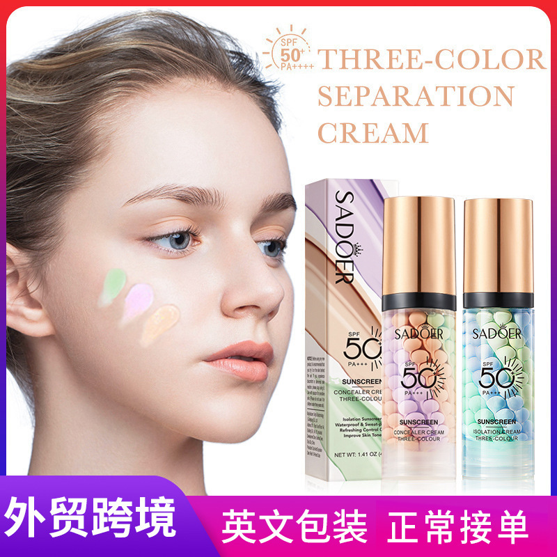 Cross-border export wholesale of SADOER three-color sunscreen isolation beauty Cream, Contouring, concealing and sunscreen in full English full figure