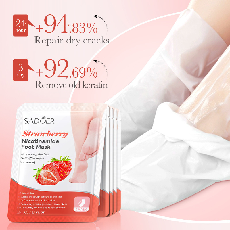 Cross-border export wholesale of SADOER strawberry Nicotinamide Soft and Radiant Foot Mask and skin care foot mask Application Scenario