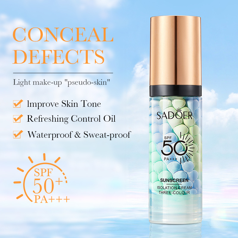 Cross-border export wholesale of SADOER three-color sunscreen isolation beauty Cream, Contouring, concealing and sunscreen in full English Application Scenario