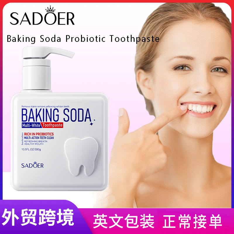 All-english SADOER baking soda probiotic pump toothpaste for cleaning teeth and refreshing the mouth cross-border export wholesale full figure