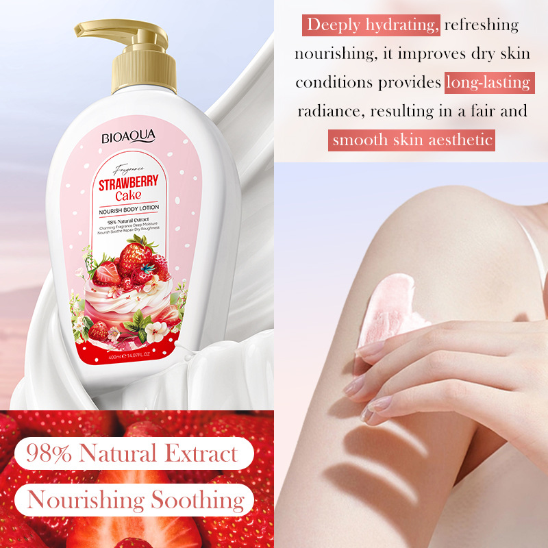 All-english BIOAOUA Strawberry Cake Nourishing Body Lotion Moisturizing and Hydrating Body Lotion Cross-border export wholesale Application Scenario