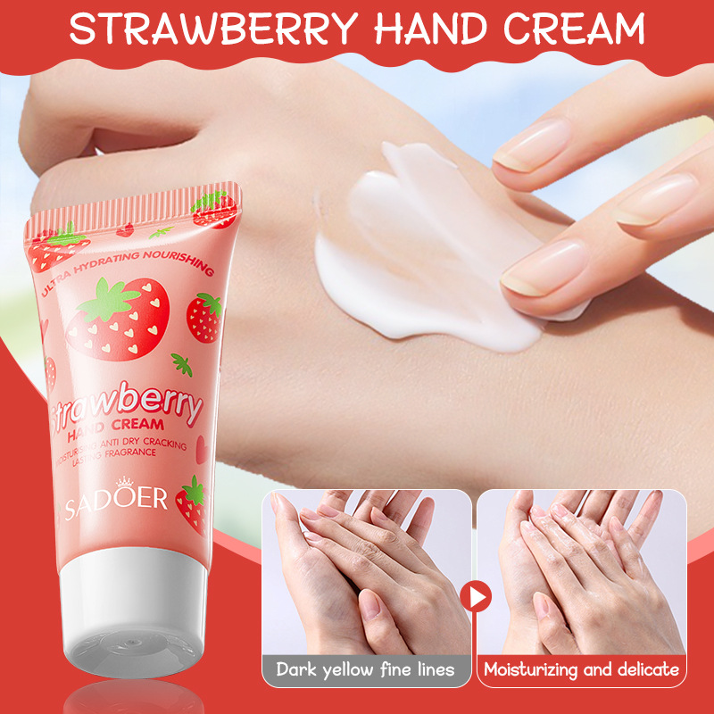 Full English SADOER Strawberry Nourishing Hand Cream + Lip Balm Set for autumn and winter cross-border wholesale of hand cream and lip balm Specification drawing