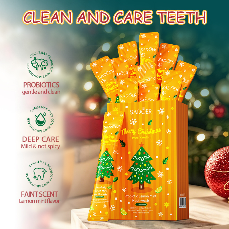 Cross-border wholesale of 10ml strips of SADOER Christmas Probiotic Green Lemon Mint Mouthwash in full English details Picture