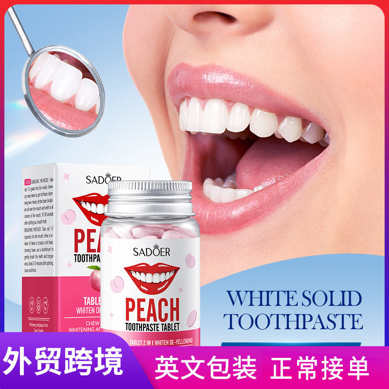 Cross-border wholesale of SADOER peach Whitening and yellowing Solid toothpaste series cleaning toothpaste in English full figure