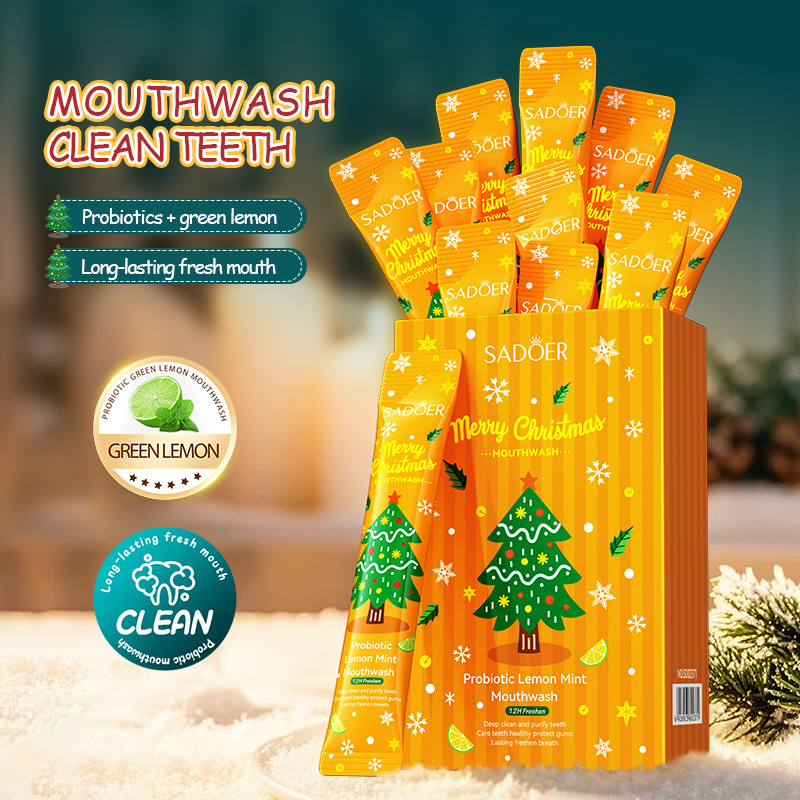 Cross-border wholesale of 10ml strips of SADOER Christmas Probiotic Green Lemon Mint Mouthwash in full English full figure