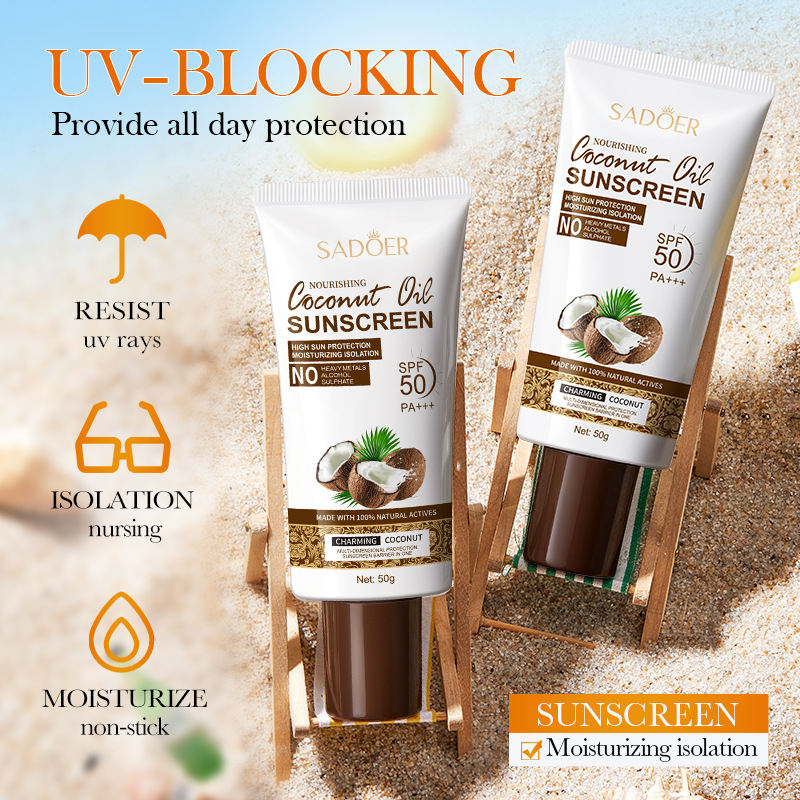 Cross-border wholesale of SADOER Nourishing coconut oil sunscreen for isolation and UV protection in English details Picture
