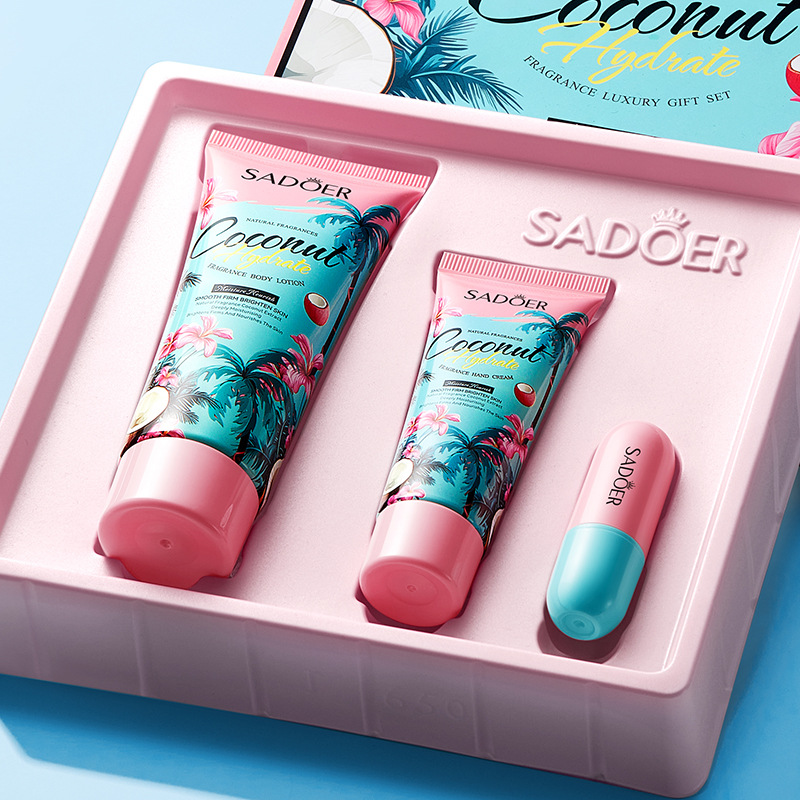 SADOER Coconut Hydrating Fragrance Luxury Care Gift Box, Body Lotion, Hand Cream, Lipstick Cross-border export wholesale Application Scenario