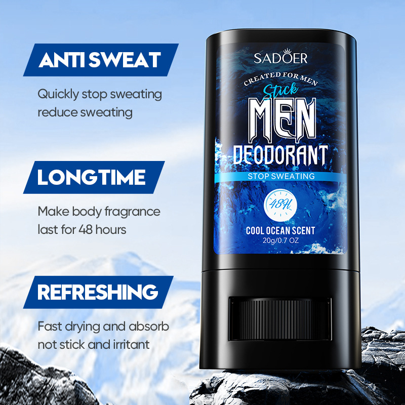 All-english SADOER men's antiperspirant sticks leave a refreshing and invigorating scent. Summer antiperspirant sticks are available for cross-border export wholesale Item Picture