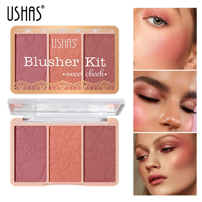 USHAS Amazon cross-border mixed three-color gradient blush natural nude makeup contouring tray Pink less likely to smudge details Picture
