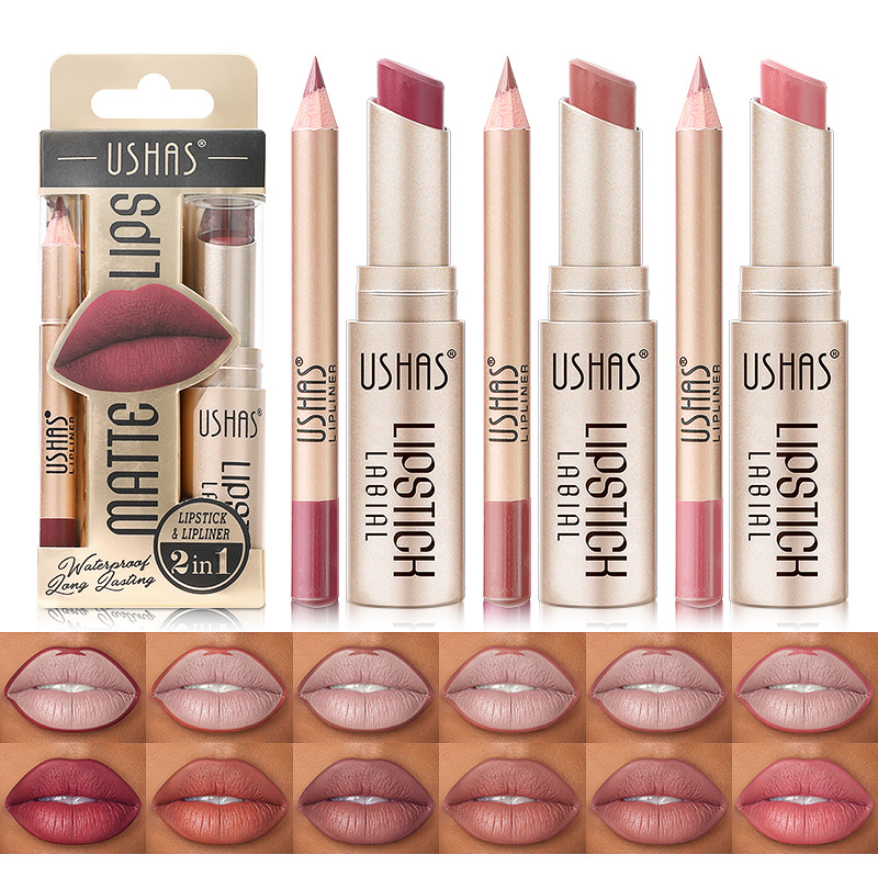 Customized link: USHAS Cross-border Amazon Lip liner pen with non-stick cup, long-lasting waterproof matte lipstick details Picture
