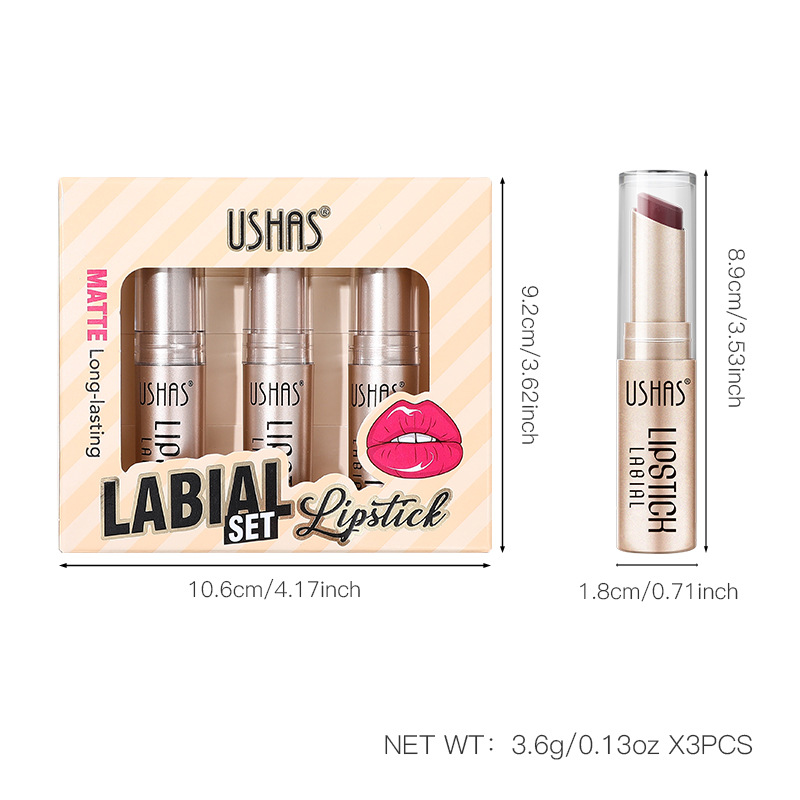 USHAS European and American cross-border Stock 3-piece Lipstick Set, Long-lasting Waterproof Moisturizing Lip Matte Lipstick US010A Item Picture