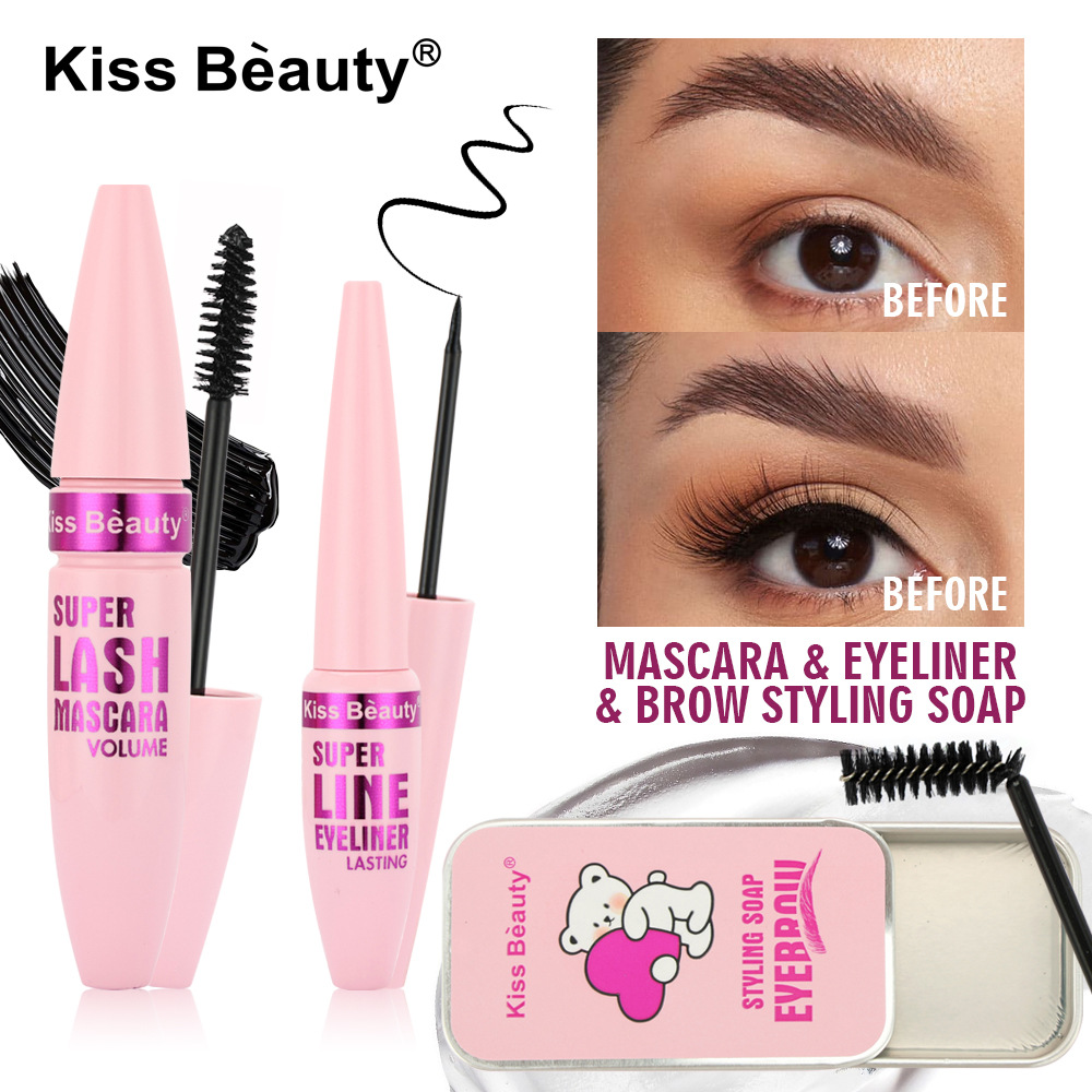 kiss beauty Cross-border Wholesale 4-in-1 Set Eyebrow Cream, Mascara, Thickening, Curling, Quick-drying, Waterproof Eyeliner full figure