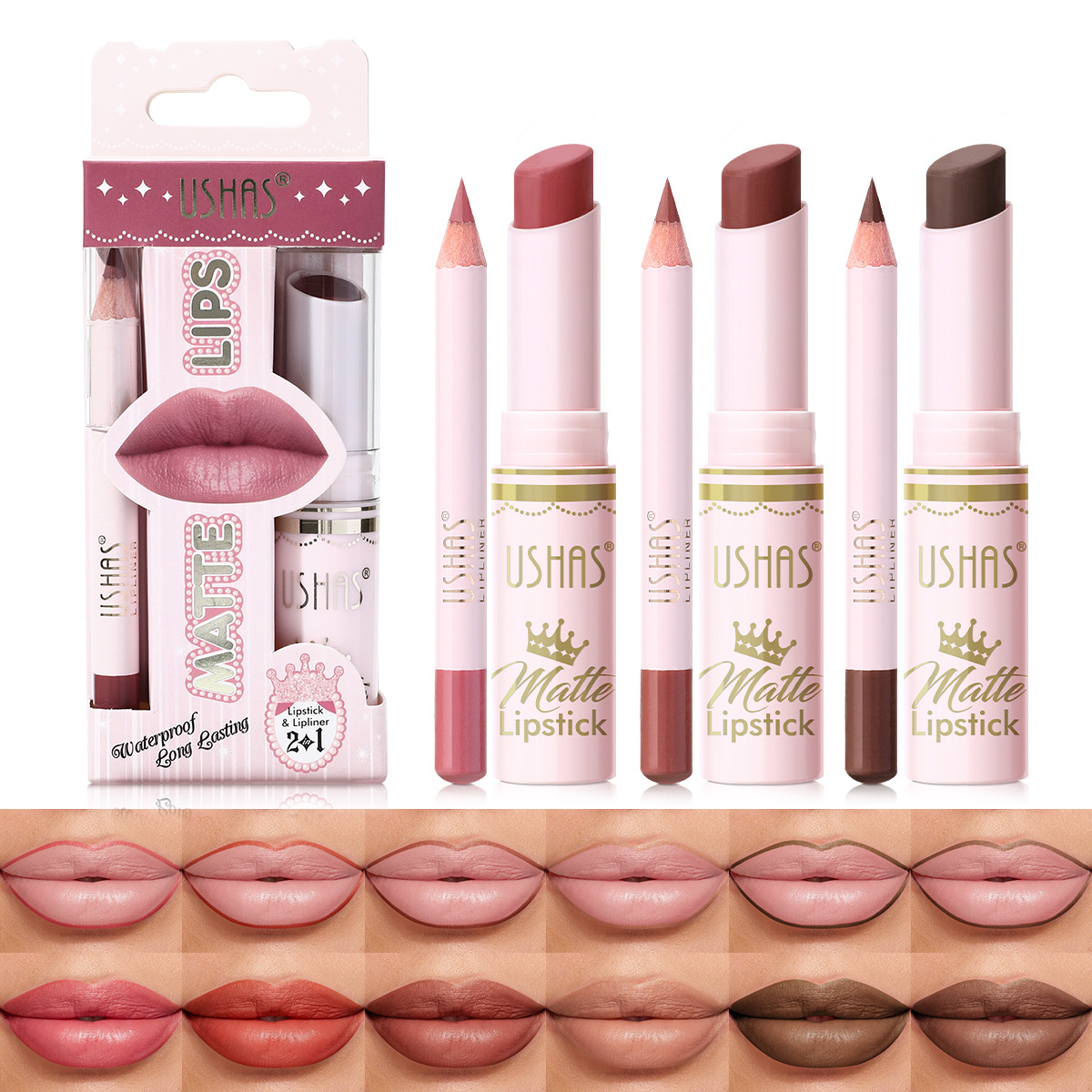 USHAS Cross-border Bestseller Non-stick Cup long-lasting waterproof matte lipstick + lip liner pen Set 12 colors UCS004 full figure