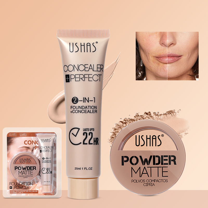 USHAS cross-border in-stock makeup Powder compact + Foundation Set, waterproof, non-smudging, brightening skin tone, Type B full figure