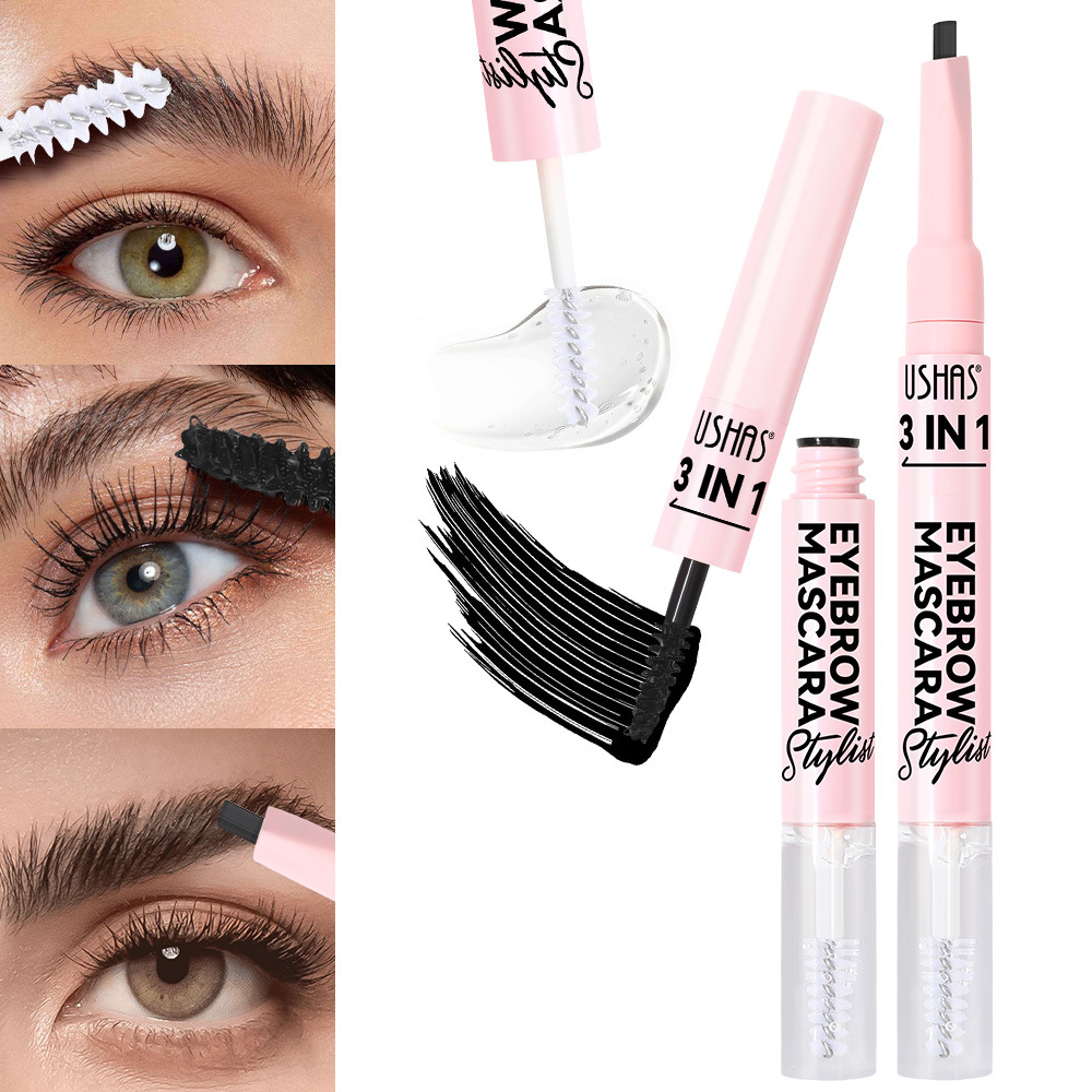 USHAS European and American cross-border stock Waterproof long-lasting 3-in-1 Transparent Mascara + Eyebrow Cream + Rotating Eyebrow Pencil full figure