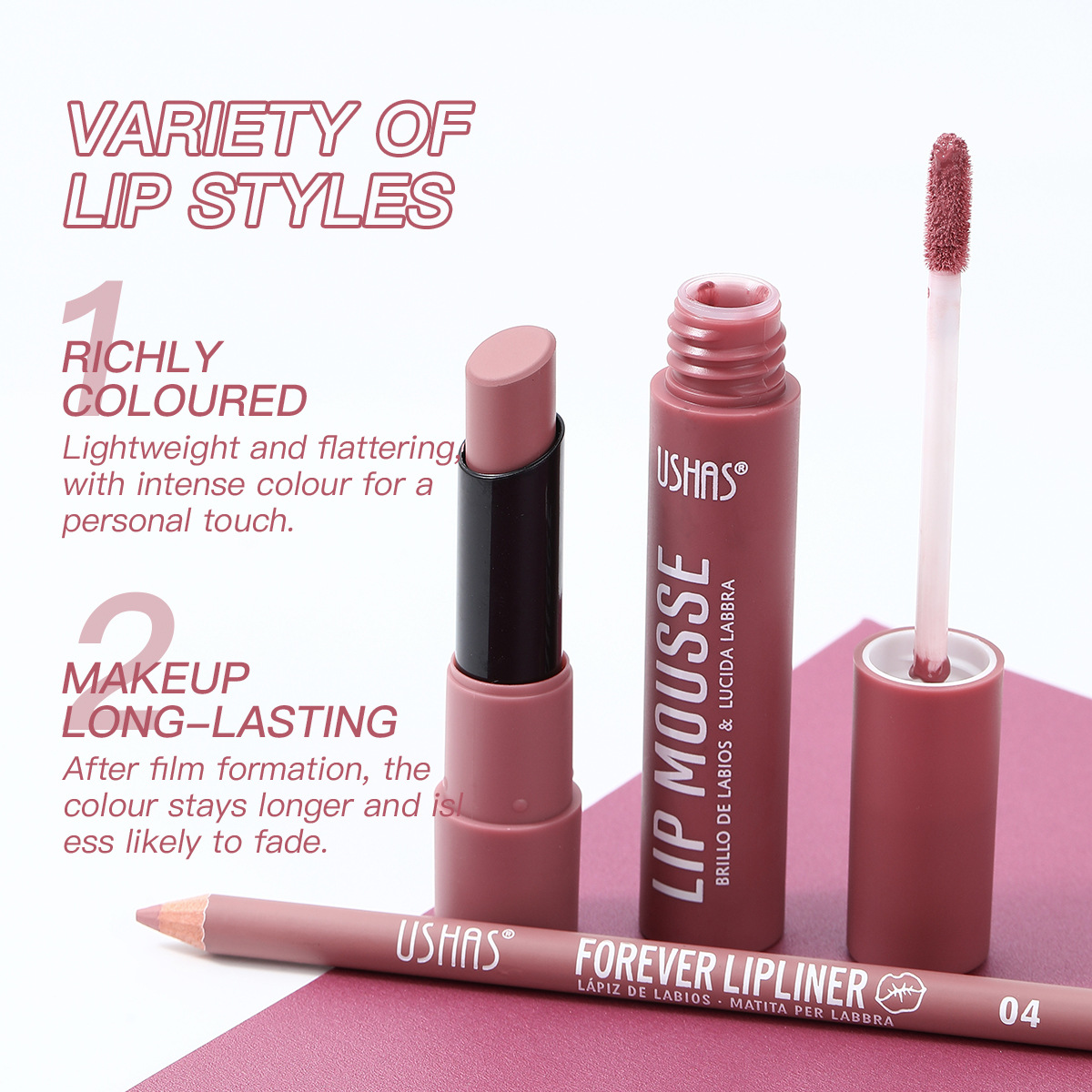 USHAS European and American cross-border stock Lipstick + Lip gloss + Lip liner pen Lip Makeup Set Matte long-lasting waterproof US002 Specification drawing