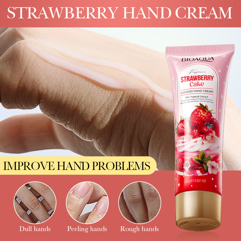 All-english BIOAOUA Strawberry Cake Nourishing Hand Cream Autumn and Winter Moisturizing Hand Cream Cross-border export wholesale Specification drawing