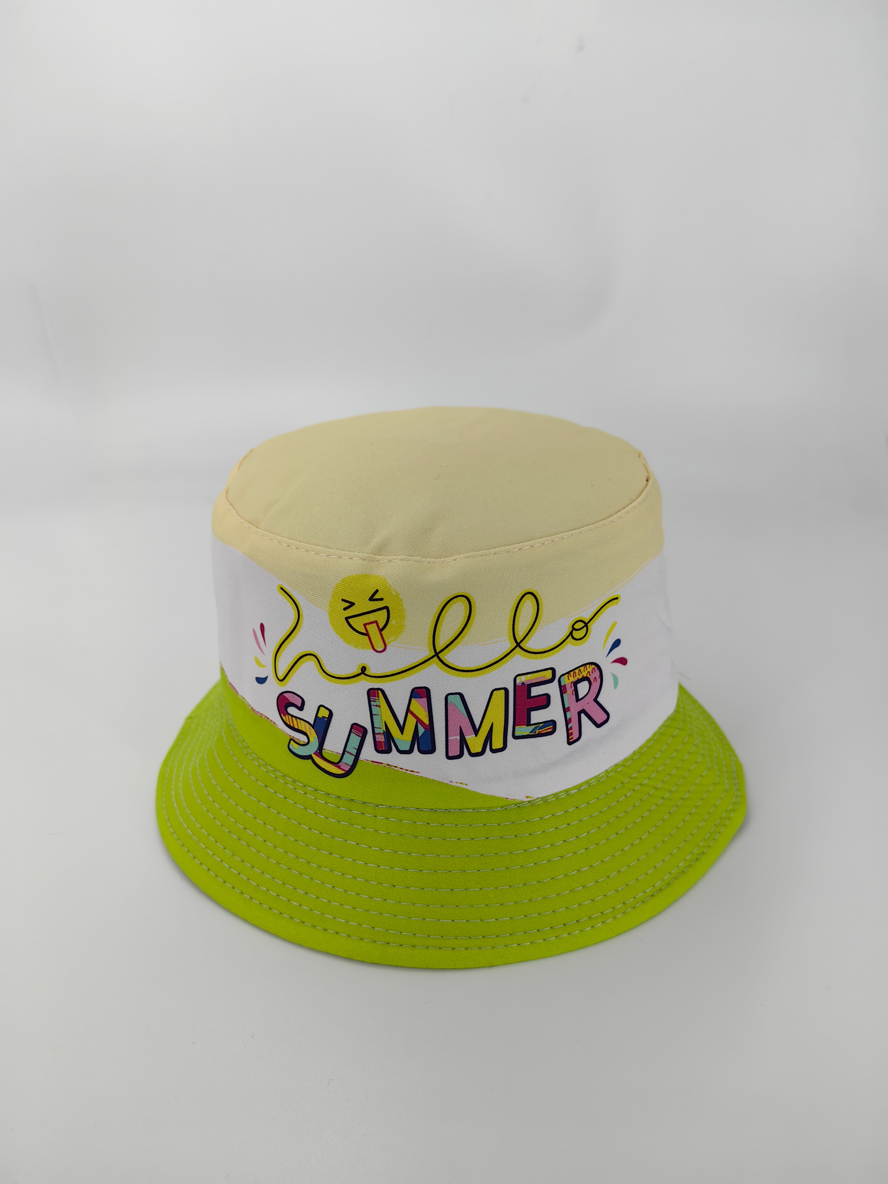 Spring and SUMMER new letter SUMMER, with a cheerful smile print, double-sided fisherman's hat, cute cartoon, versatile, outdoor sun protection and sun protection, foldable for easy carrying, unisply-style, both pier circumference, 54CM fisherman's hat Specification drawing