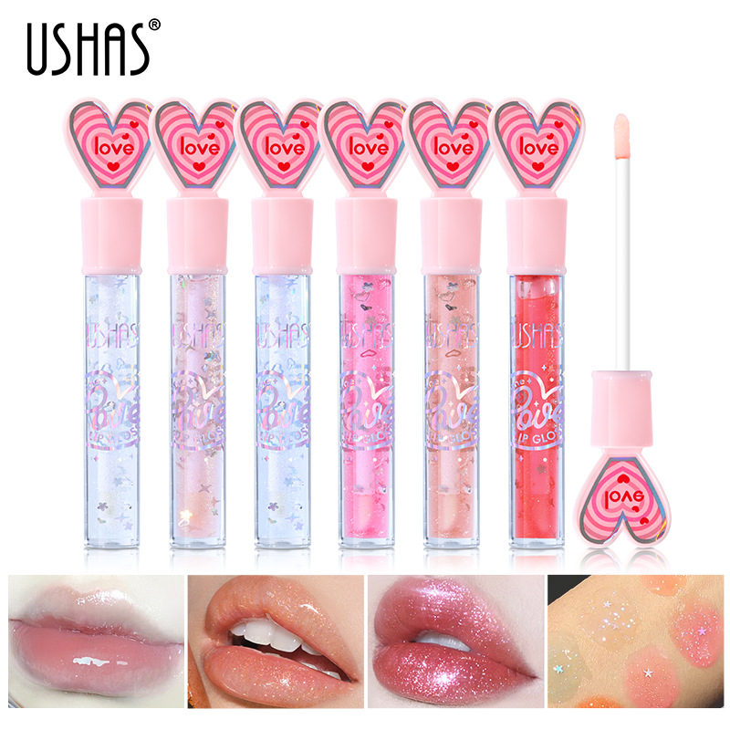 USHAS's best-selling 6-color liquid matte lip gloss, heart-shaped mirror surface, water light lip, red lip, honey lip, shiny and lustrous lips full figure