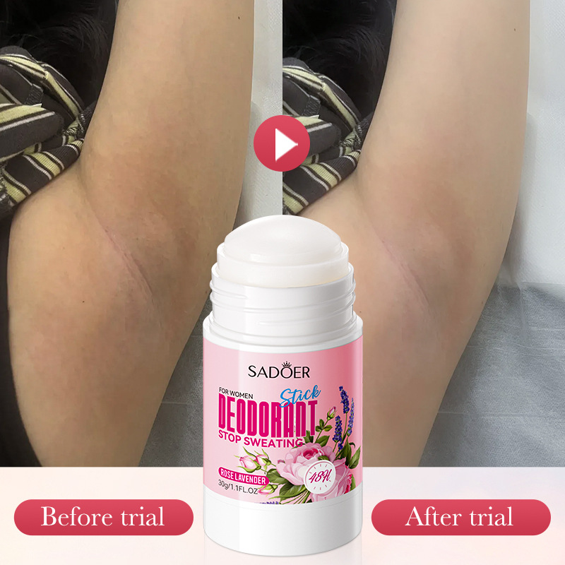 Cross-border wholesale of the all-English SADOER Women's Antiperspirant Bar series, a small and portable ball-bearing antiperspirant with a lingering fragrance Application Scenario
