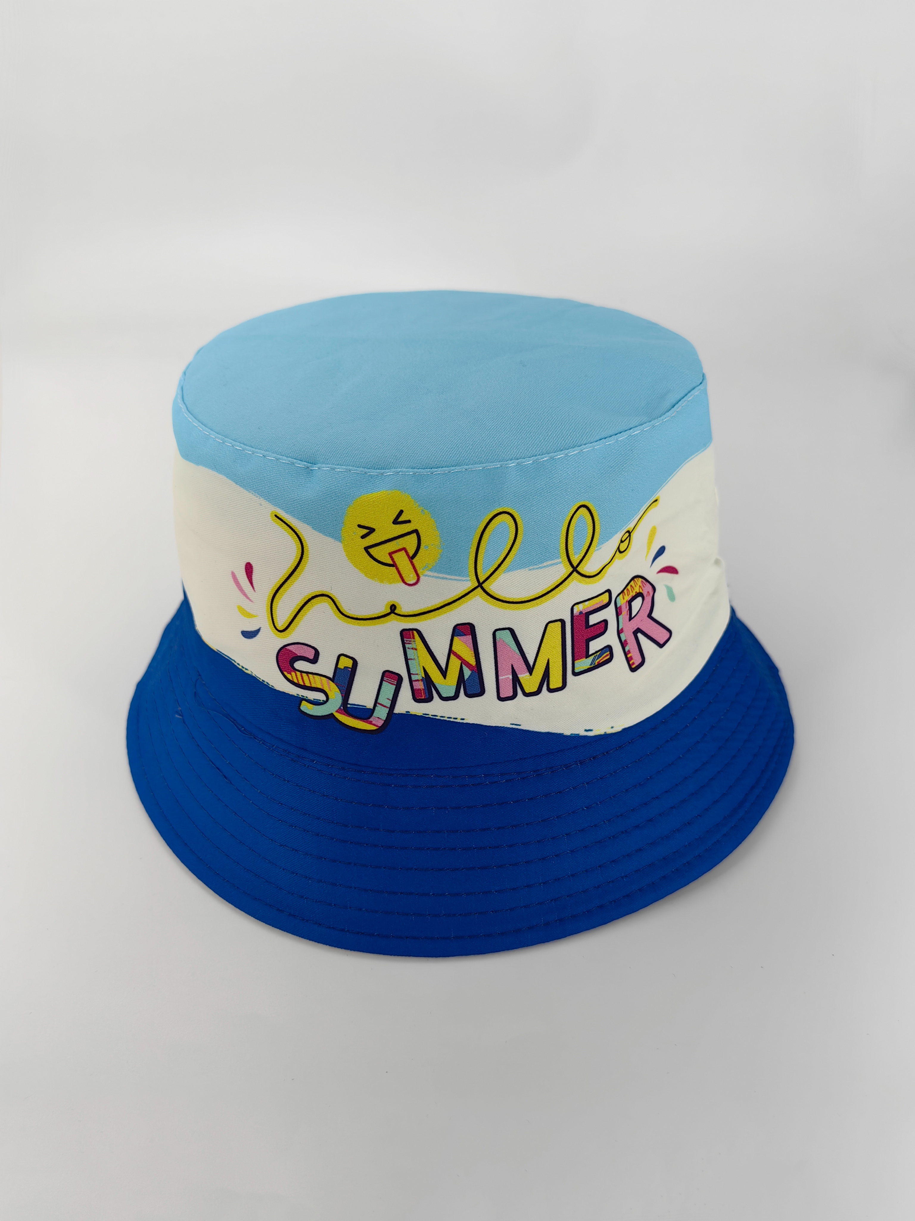 Spring and SUMMER new letter SUMMER, with a cheerful smile print, double-sided fisherman's hat, cute cartoon, versatile, outdoor sun protection and sun protection, foldable for easy carrying, unisply-style, both pier circumference, 54CM fisherman's hat full figure