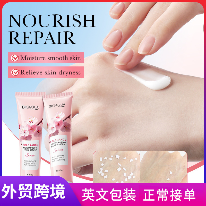 All-english BIOAOUA Cherry Blossom Moisturizing Hand Cream for Autumn and Winter cross-border export wholesale full figure