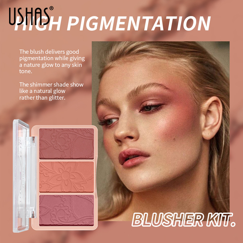 USHAS Amazon cross-border mixed three-color gradient blush natural nude makeup contouring tray Pink less likely to smudge Specification drawing