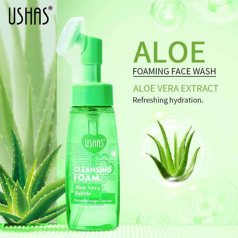 USHAS cross-border hot stock aloe vera Cleansing foam hydrating, moisturizing and cleansing face with massage brush details Picture