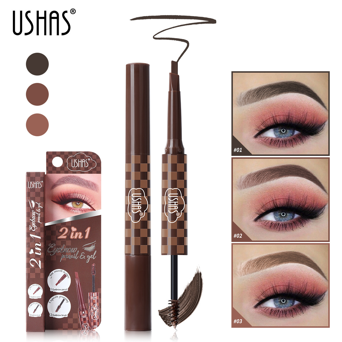 USHAS European and American cross-border stock 3-color multi-functional non-smudging, waterproof and sweat-proof eyebrow pencil and eyebrow brush factory direct sales box set full figure