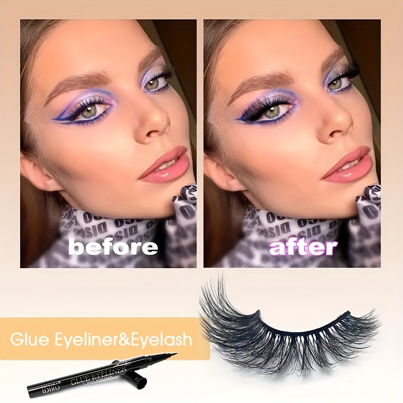 USHAS Cross-border in-stock eyeliner gel pen false eyelash set 3D mink fur Thick and curly European and American eye makeup details Picture