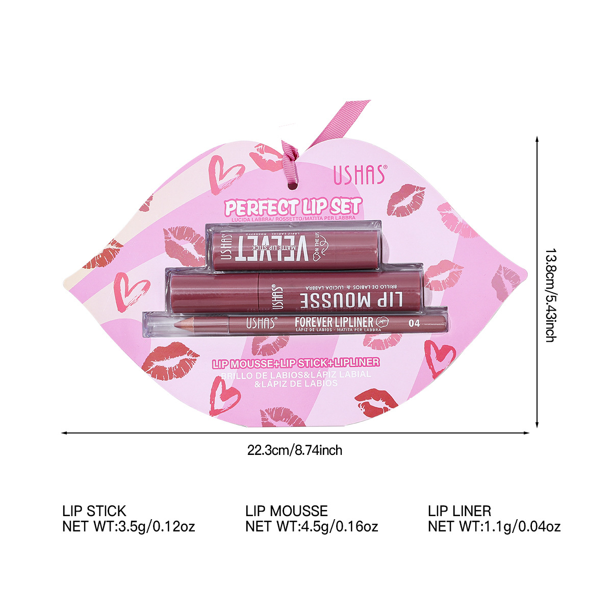 USHAS European and American cross-border stock Lipstick + Lip gloss + Lip liner pen Lip Makeup Set Matte long-lasting waterproof US002 Item Picture