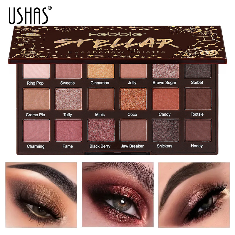 USHAS Cross-border 18-color matte micro-gloss eyeshadow palette brightening eyeliner Eyeshadow palette Earth tone women's pearl glow full figure