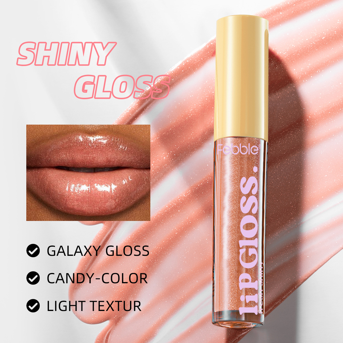 Febble's best-selling 6-color liquid moisturizing and nourishing lip gloss, mirror-like lipstick, honey lip, and shiny lip oil Specification drawing