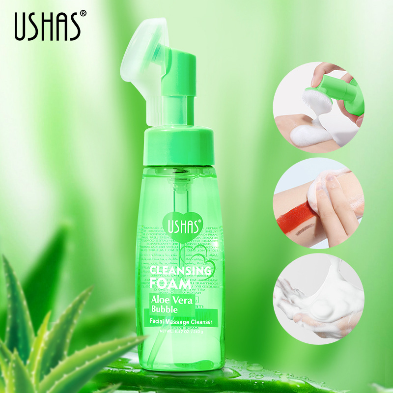 USHAS cross-border hot stock aloe vera Cleansing foam hydrating, moisturizing and cleansing face with massage brush full figure