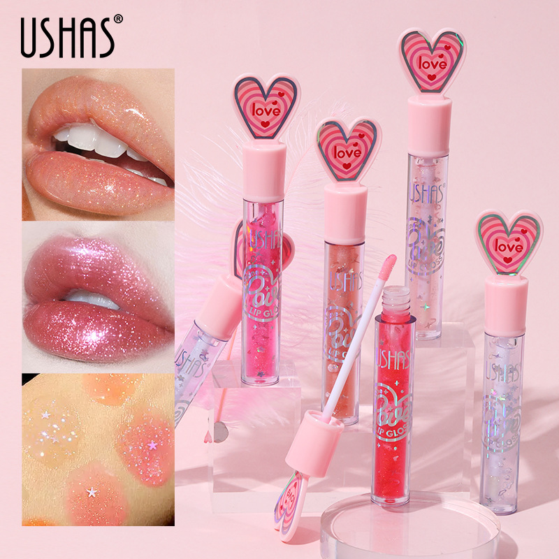 USHAS's best-selling 6-color liquid matte lip gloss, heart-shaped mirror surface, water light lip, red lip, honey lip, shiny and lustrous lips details Picture