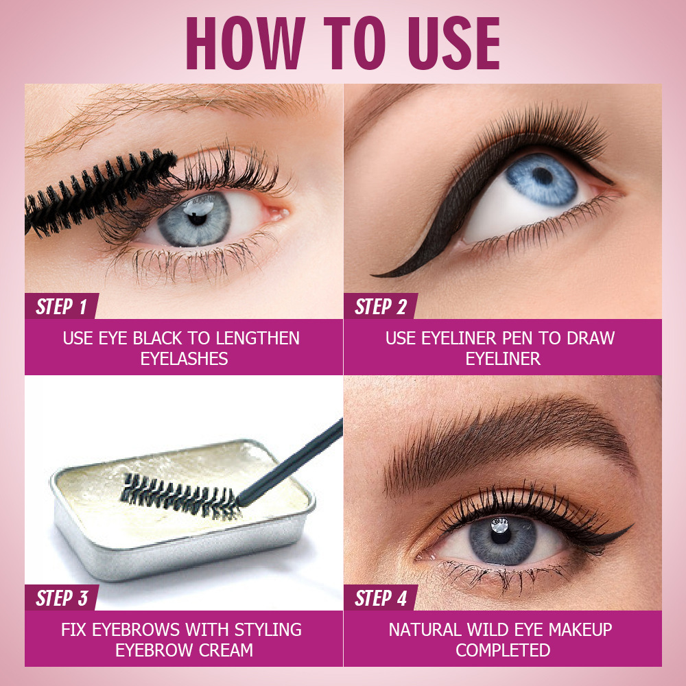 kiss beauty Cross-border Wholesale 4-in-1 Set Eyebrow Cream, Mascara, Thickening, Curling, Quick-drying, Waterproof Eyeliner Specification drawing