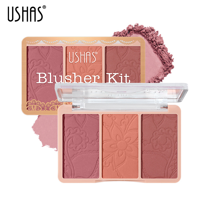 USHAS Amazon cross-border mixed three-color gradient blush natural nude makeup contouring tray Pink less likely to smudge full figure