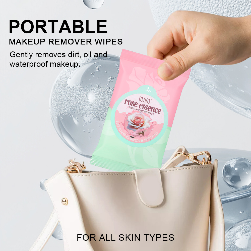 USHAS cross-border stock 10-pack makeup remover wipes, gentle and deep cleansing for eyes, lips and face, disposable facial cleansing wipes, portable details Picture
