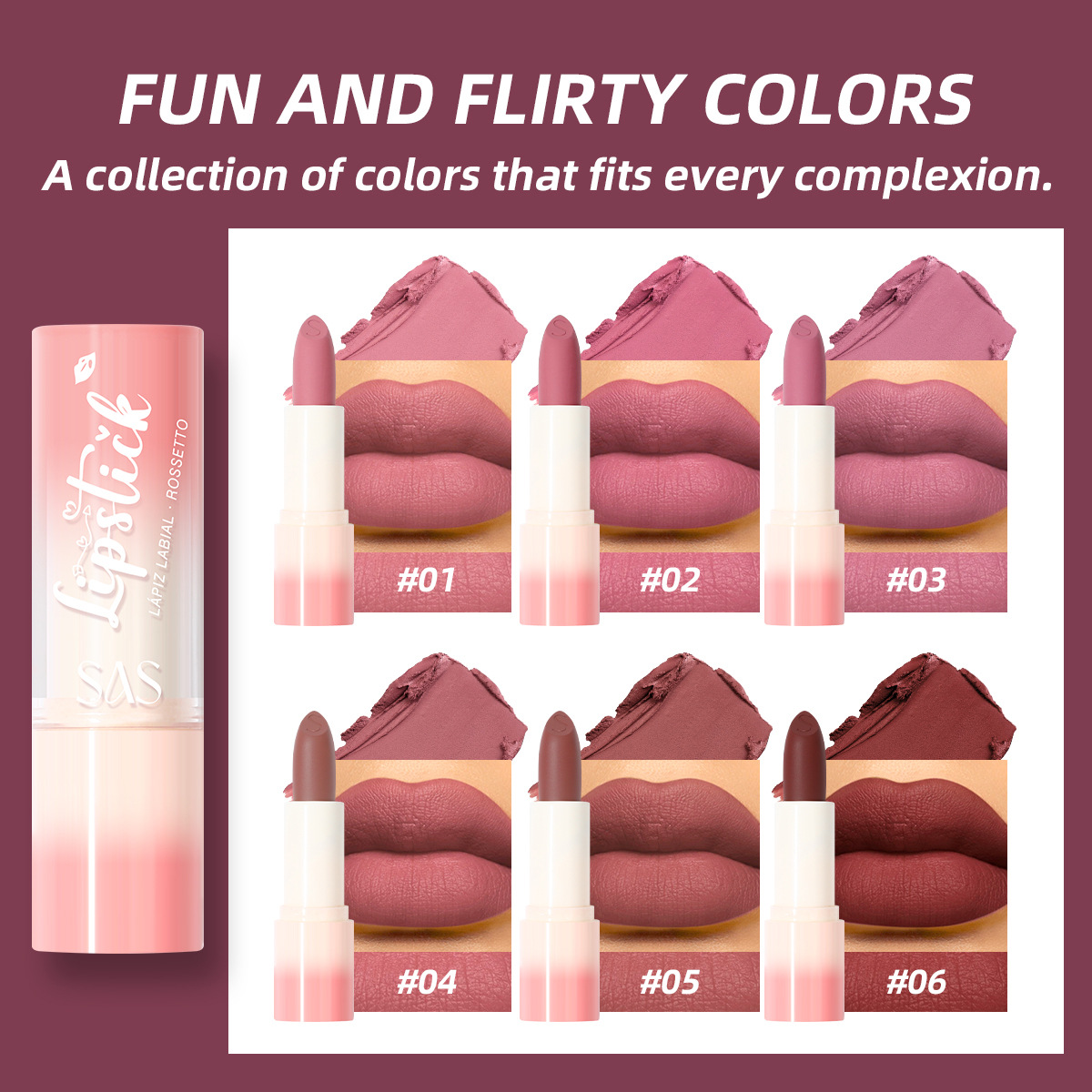 SAS European and American cross-border stock lipstick Waterproof non-stick cup Long-lasting Moisture retention matte semi-silicone lipstick SAC196 details Picture