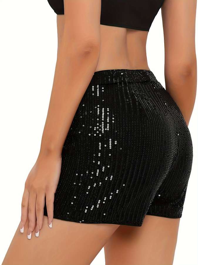 Factory self-management2025亚马逊多色时尚珠片修身热裤亮片纯色中腰性感直筒女短裤派对服装