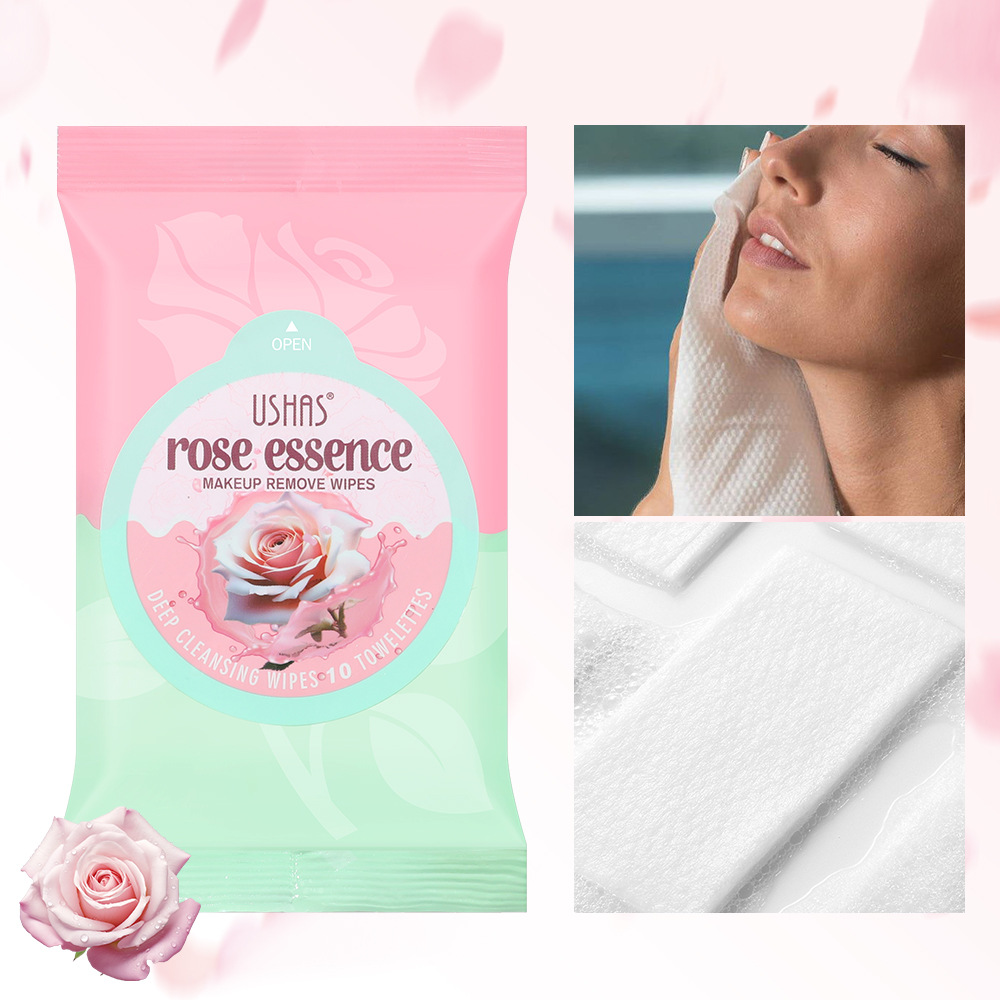 USHAS cross-border stock 10-pack makeup remover wipes, gentle and deep cleansing for eyes, lips and face, disposable facial cleansing wipes, portable full figure