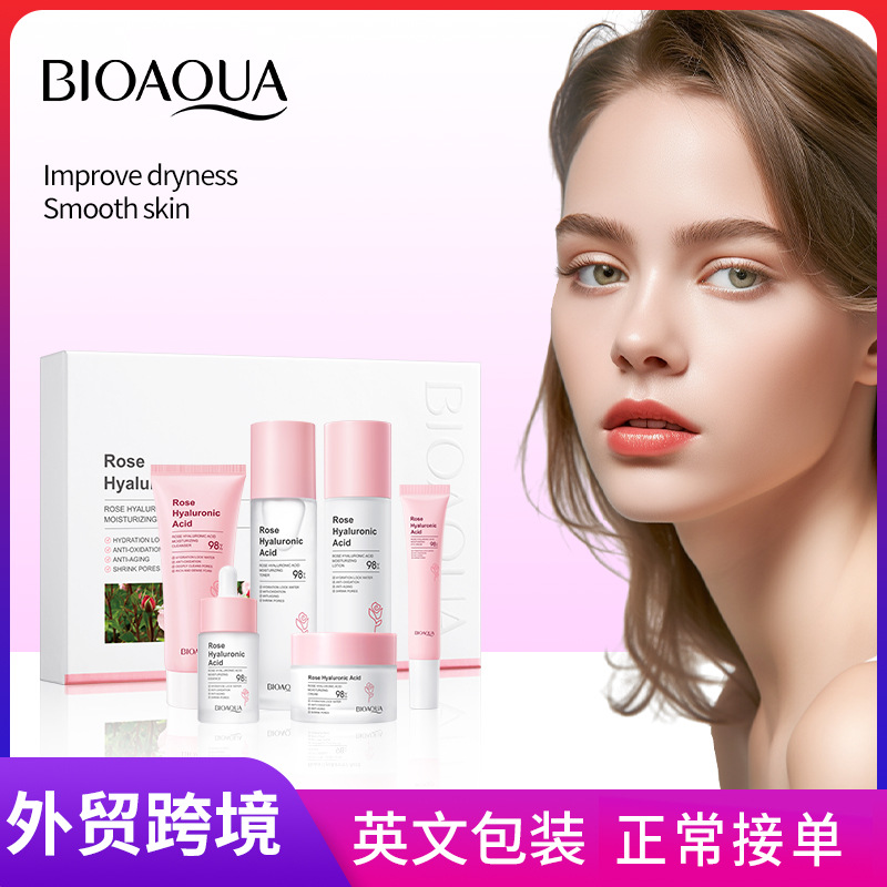 All-english BIOAOUA Rose Hyaluronic Acid Moisturizing Six-piece Set of Hydrating Skin Care products Cross-border export wholesale full figure
